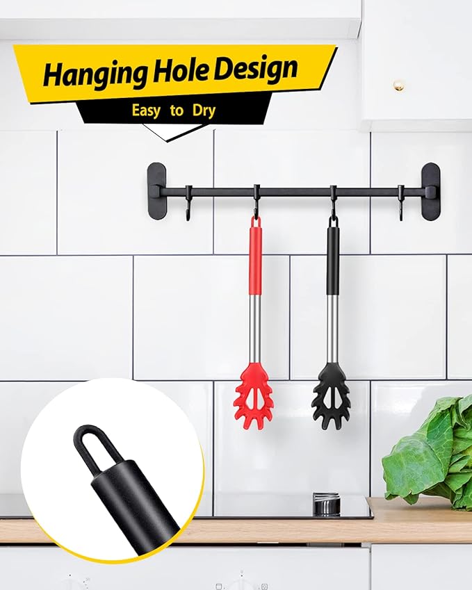 Pack of 2 Silicone Pasta Fork, Kitchen Heat Resistant Noodle Spoon Server, BPA Free Spaghetti Strainer, Best Cooking Tools (BLACK-RED)