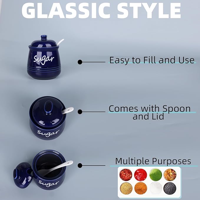 HAOTOP 12oz Sugar Bowl with Lid and Spoon,Ceramic Sugar Jar Sugar Dispenser Sugar Container Coffee Bar Accessories, Kitchen Countertop Canisters, Navy