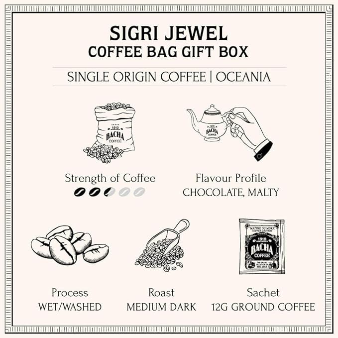 Bacha Coffee | Sigri Jewel Papua New Guinea Single Origin, 100% Arabica Specialty Coffee Beans, Medium Dark Roast, x12 Individually Wrapped Single Serve Filter Bags
