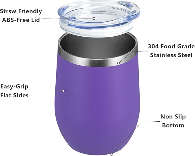 MEWAY 12oz/8 Pack Wine Tumbler Glasses with Lid - Stemless Double Wall Vacuum Stainless Steel Travel Tumbler - Keeping Cold & Hot for Wine,Coffee,Cocktails,Gifts (Purple,Set of 8)