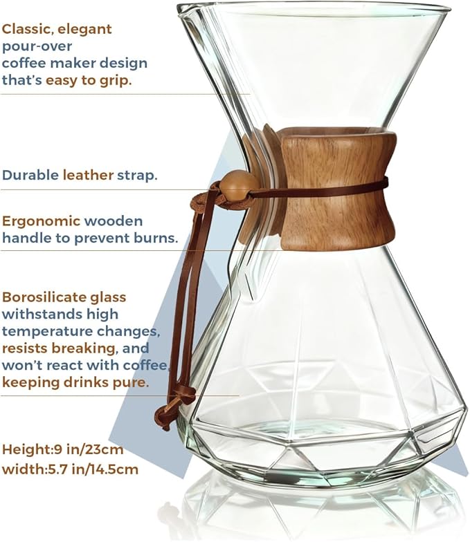 AGOGO Pour Over Coffee Maker Glass - 6/8/10 Cup Barista Kit with 304 Stainless Filter for Home, Office, Camping, Cafes - Easy Clean Coffee Dripper Set (Rag&Brush Included) (10 Cup/34 oz-Diamond Shape)