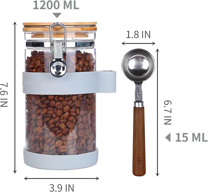 KKC Airtight Coffee Canister, Glass Coffee Bean Storage Contaienr with Silicon Scoop Holder, Non-Slip Silicon Coffee Storage Canister with Spoon for 1 lb Bean,40 Fluid-oz, Gray