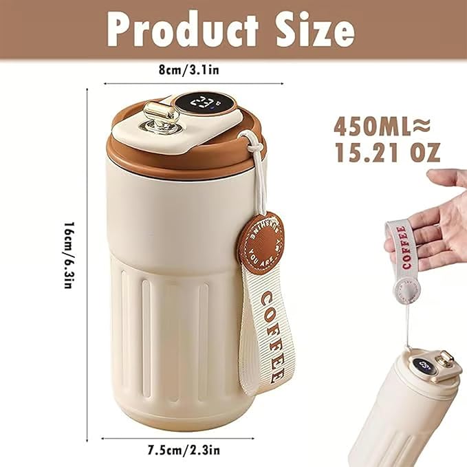 450ml Stainless Steel Travel Mug with Temperature Display - Vacuum Insulated Bottle, Stainless Steel Insulated Cup, Portable Coffee Bottle Cap, Coffee Cup Smart Travel Mug (Beige)