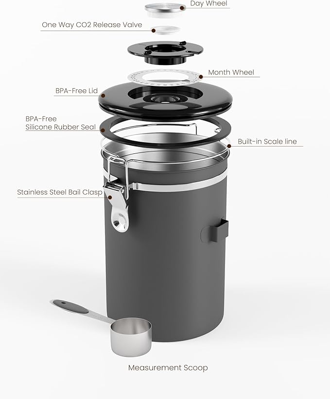 HAIOOU Large Coffee Canister, 38OZ Oversized Stainless Steel Coffee Bean Storage Container with Date Tracker, Measuring Scoop, CO2 Releasing Valves for Beans, Grounds and more - Gray