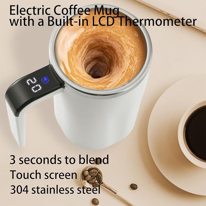 Electric Coffee Mug with a Built-in LCD Thermometer, Automatic Magnetic Stirring Coffee Mug, 380ML/13OZ, Stainless Steel Self Stirring Cup with Lid, Perfect for Brewing Coffe-e, Milk, Cocoa (Pink)