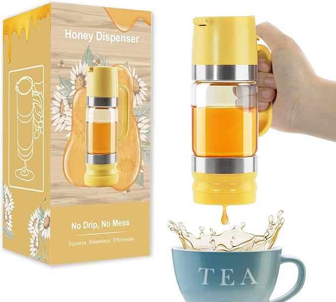 Neodaco Honey Dispenser No Drip with Stand, 9 OZ Glass Honey Jar Pot, Syrup Dispenser for Coffee or Tea, Easy One Hand Use, Yellow