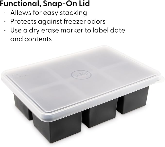 W&P Cup Cubes Silicone Freezer Tray with Lid, Blue, Makes 6 Perfect 1-Cup Portions, Freeze & Store Soup, Broth, Sauce, Leftovers, Dishwasher Safe
