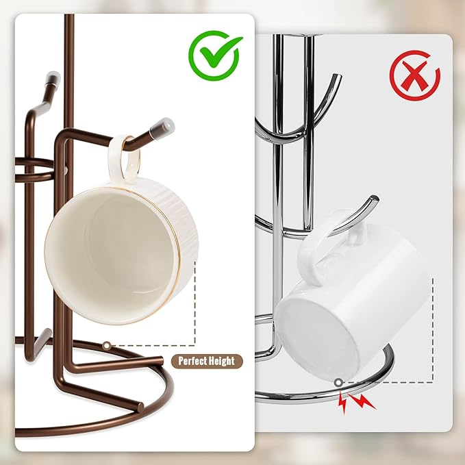 HULISEN Mug Holder for Large Cups, Mug Tree for Counter with 6 Hooks, Metal Coffee Mug Stand for Easy Pick, Place and Display, Coffee Bar Accessories and Decor, Free Standing Mug Rack, Brown