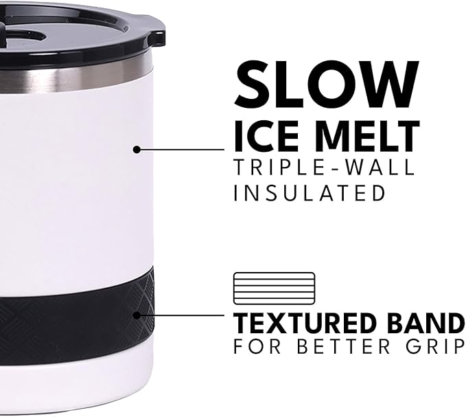 Elemental Recess Lowball Tumbler, 10oz Triple Wall Stainless Steel Cup with Non-Shattered Tritan Lid, Insulated Whiskey Glass, Insulated Coffee Tumbler Mug for Hot & Cold Drinks - White