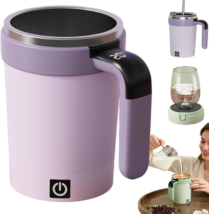 Yilia Automatic Magnetic Stirring Coffee Mug, 2026 New Electric Self Stirring Coffee Mug with Temperature Display, Rechargeable Auto Stirring Mugs with Lid for Coffee, Chocolate, Milk, Tea (Purple)