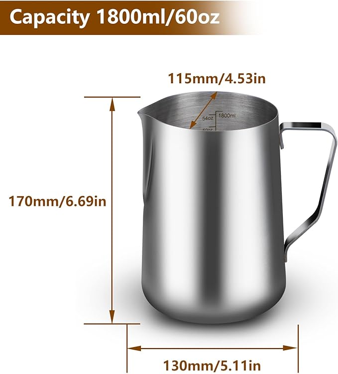 60oz Milk Frothing Pitcher with Latte Art Pen-Stainless Steel Steaming Jug for Espresso, Cappuccino & Coffee-Heat-Resistant, Dripless Spout, Measurement Scale, Dishwasher Safe (1800ml/60oz)