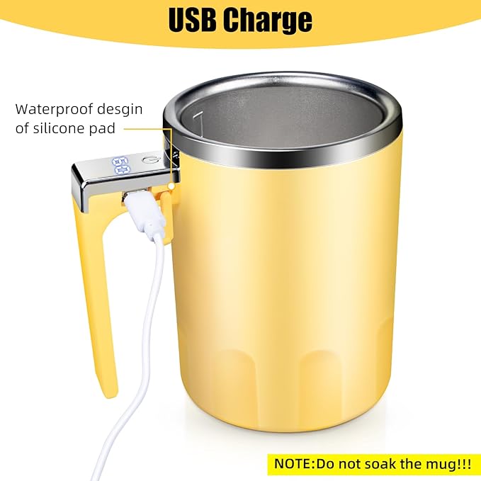 Self Stirring Coffee Mug: 2025 New Rechargeable Auto Magnetic Stirring Mixing Mug with Temperature Display,13oz Stainless Steel Travel Coffee Cup for Office, Home, Kitchen, Best Gift (Yellow)