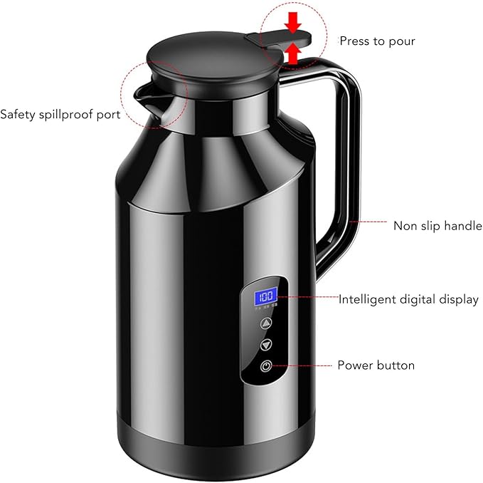 Haofy Portable Car Electric Kettle Hot Water Boiler 200W 1500ml 12V 24V Stainless Steel Display with Cigarette Lighter Plug for Travel