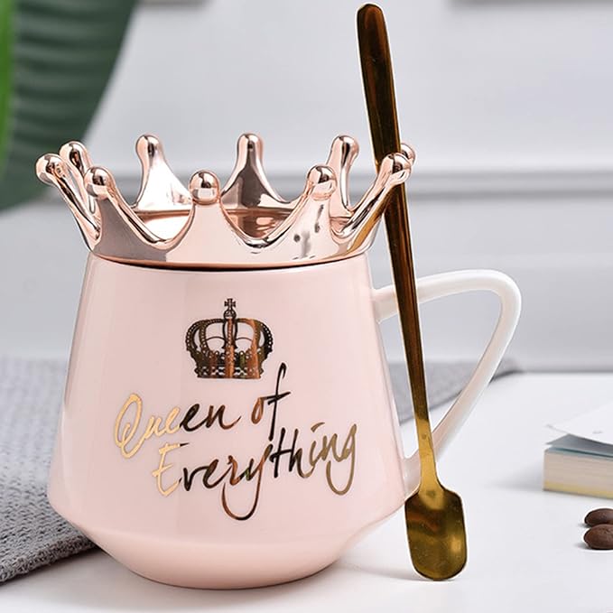 Pink Queen of Everything Mug with Lid Cute Pink Cup with Crown Tea Coffee Mugs Gift with Spoon & Coaster 12 oz Ceramic Cups Birthday Gifts for Women Girls Mom Friend Mothers Day Gifts for Mom