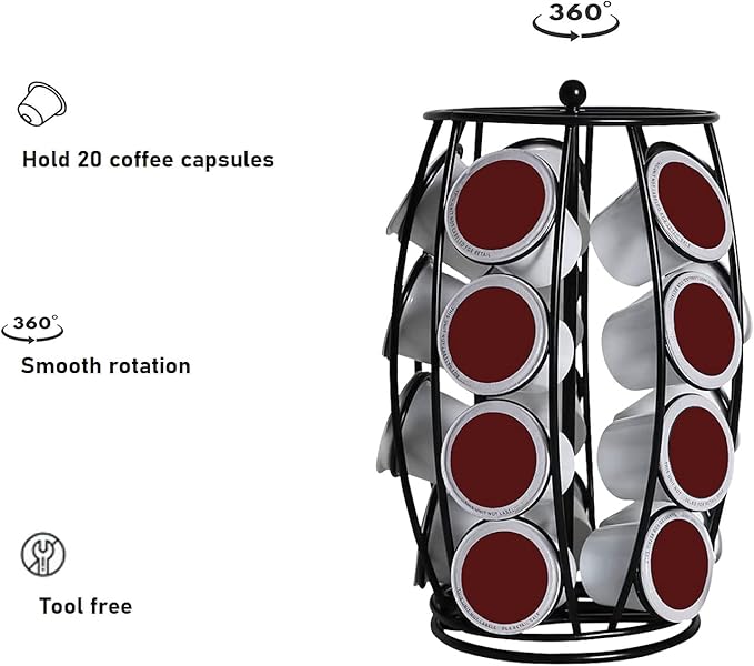 K Cup Carousel Coffee Pod Holder Kcup Organizer Coffee Station Coffee Décor Storage for Counter, Holds 20 Coffee Pods, No Assembly Required, Black