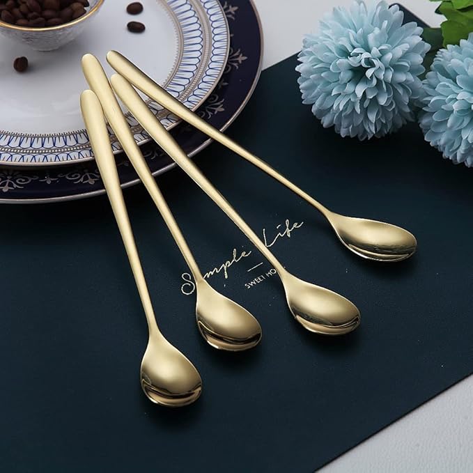 Gold Long Handle Coffee Spoons, Premium Stainless Steel Stirrers for Ice Tea, Ice Cream, Cocktails - Set of 6