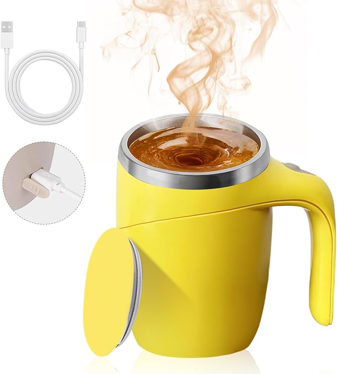Automatic Magnetic Stirring Coffee Mug, Magnetic Stirring Cup Rotating Home Office Travel Mixing Cups,Stainless Steel Self Mixing Mug for Coffee/Milk/Tea/Hot Chocolat (Yellow-Rechargeable)