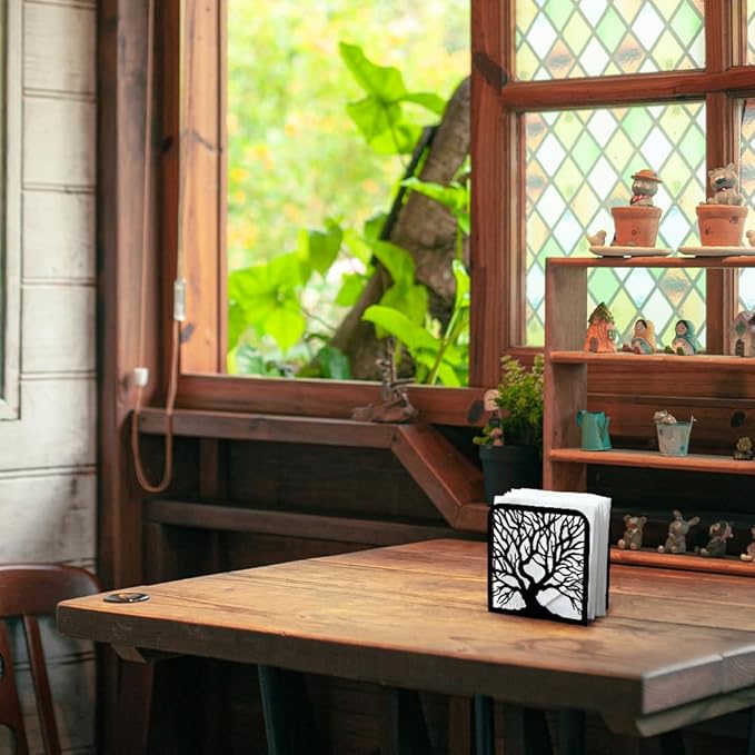 Tree Trunk Decorative Black Metal Napkin Holder for Table, 4.9" x 4.9" x 1.9" Standing Napkin Holder for Home Kitchen Restaurant Picnic Party Coffee Bar Dining Room