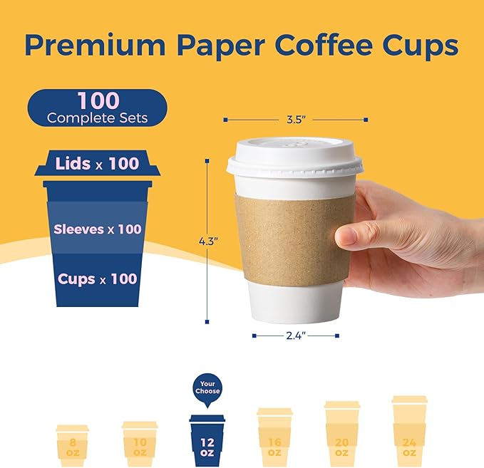 Fit Meal Prep 100 Pack 12 oz Disposable Coffee Cups with Lids, Sleeves, Leak-Proof To Go Coffee Cups with Lids, Durable Hot Paper Cups for Home, Office, Party, Business