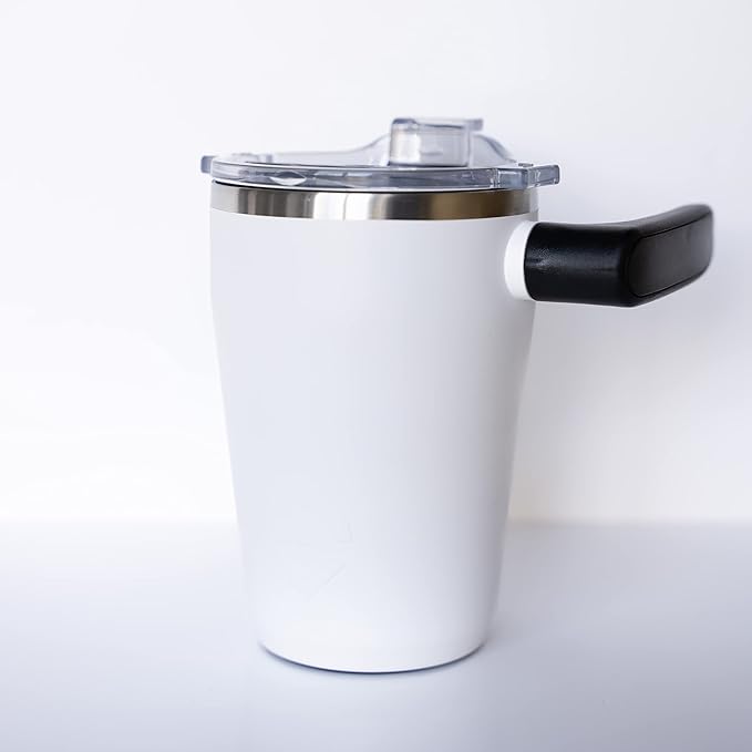 OUTSIDER Stainless Steel Vacuum Insulated Coffee Mug/Cup with Rotating Handle and Spill Proof Lid – Great Travel Tumbler for Outdoor, Home, Office – 17 ounces, White