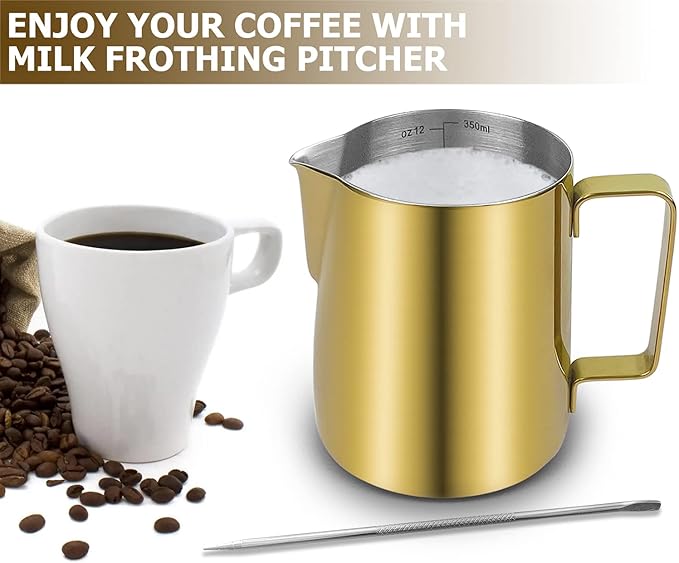 CAMKYDE Stainless Steel Milk Frothing Pitcher 12 oz, Espresso Steaming Pitcher with Decorating Pen for Espresso Machines, Cappuccino, Latte Art (Gold)