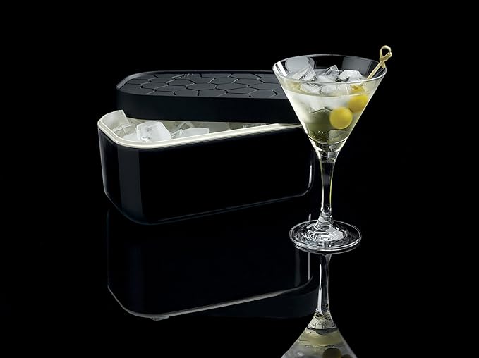 Lékué Ice Box | Ice Cube Tray For Freezer With Lid & Bin | Made With 100 Percent Platinum Silicone | Elegant And Retro Style Ice Cubes | For Cocktails, Ice Tea & Coffee And More | Black