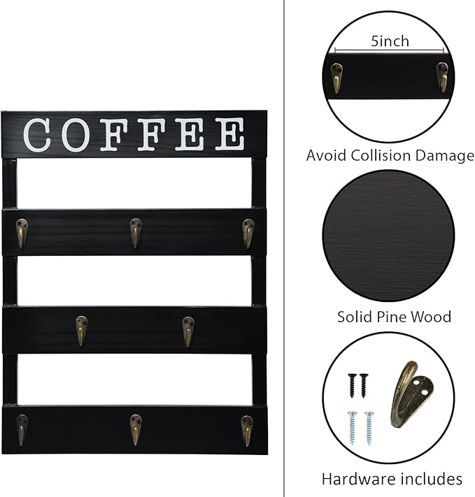 Solid Wood Coffee Mug Holder Wall Mounted, Rustic Cup Rack with 8 Hooks Large Space for Big Cups for Kitchen, Home, Coffee Bar Station (Black)