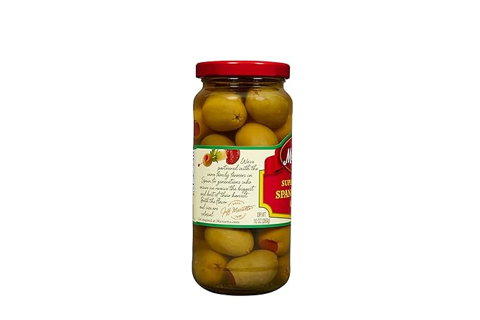 Mezzetta Pimiento Stuffed Spanish Queen Green Olives - Garnish for Martinis - Super Colossal Fruits - Firm Texture, Slightly Salty Flavor - Ideal for Snacks & Cheese Platters - 10 Oz Jar - Pack of 6
