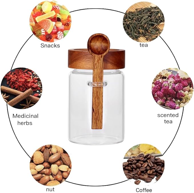 SAIOOL Loose Leaf Tea Storage Canister Set, 4 Pieces 16 OZ Glass Tea Containers with Wooden Lids and Spoons for Loose Tea, Coffee, Sugar, Oatmeal, Herbs (Tea Canisters)