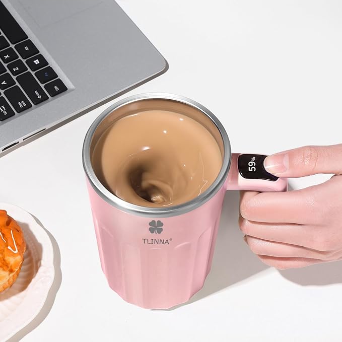 Self Stirring Mug,Self Stirring Coffee Mug,Suitable for Coffee, Milk, Cocoa and Other Beverages,Insulated bottle (Pink-temperature, 12 Ounces)