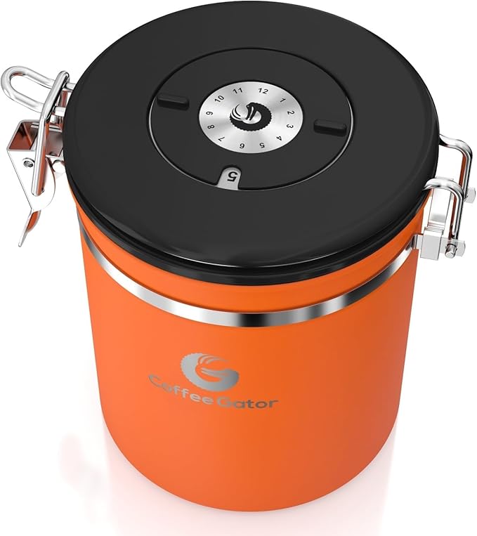 Coffee Gator Coffee Canister, 16oz Airtight Stainless Steel Kitchen Food Storage Container with Date Tracker, Scoop for Sugar,Grounds Coffee, Beans,Tea, Sugar, Cereal, Flour, Cookies Jars - Orange