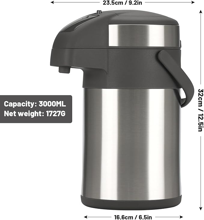 OJOJ 3L/101OZ Thermal Coffee Carafe with Pump, Thermal Beverage Dispenser, Coffee Airpot Stainless Steel Coffee Carafe for Hot Drinks Silver