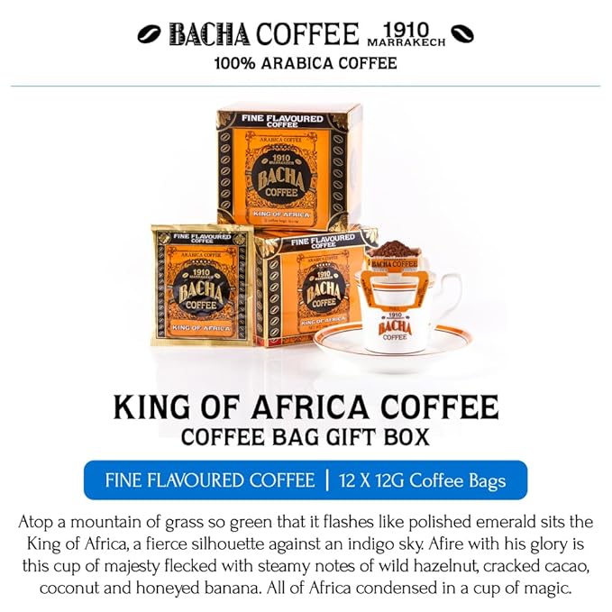 Bacha Coffee | King of Africa Fine Flavoured, 100% Arabica Specialty Coffee Beans, Medium Roast, x12 Individually Wrapped Single Serve Filter Bags
