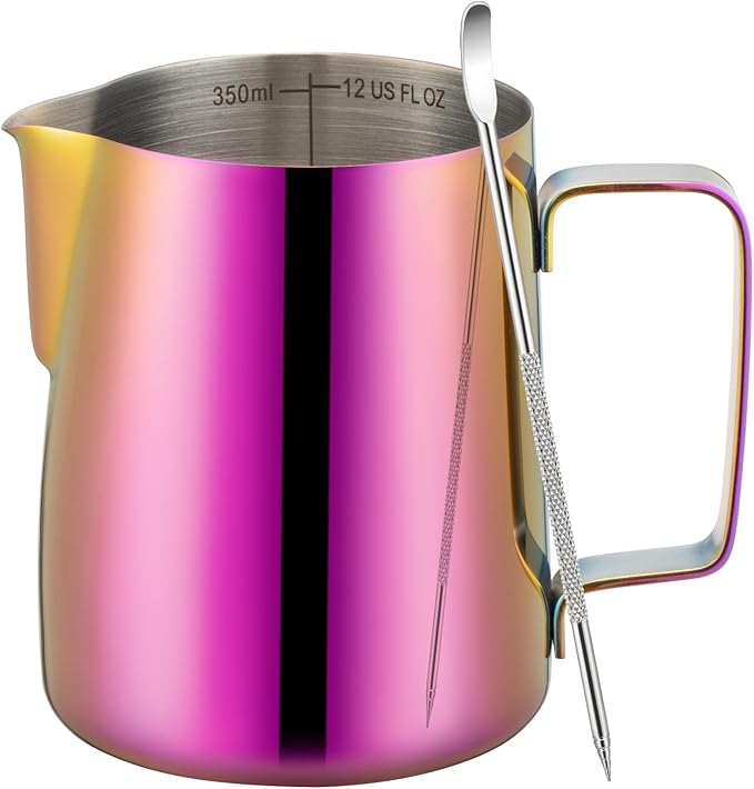Milk Frothing Pitcher, 12 oz Milk Frother Cup with Clear Scale, 304 Stainless Steel Cappuccino Espresso Machine Accessories for Barista Coffee Bar with Latte Art Pen, Multipurple