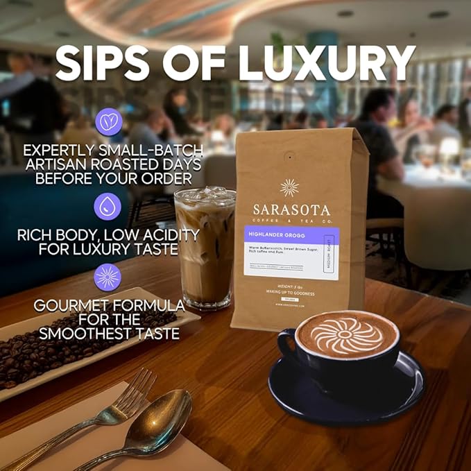 Sarasota Coffee Whole Bean Highlander Grogg | Medium Roast Gourmet Flavored Coffee Beans | Low Acid, Mold Free, Specialty Grade Flavored Bulk Beans | 5lb (80 oz)