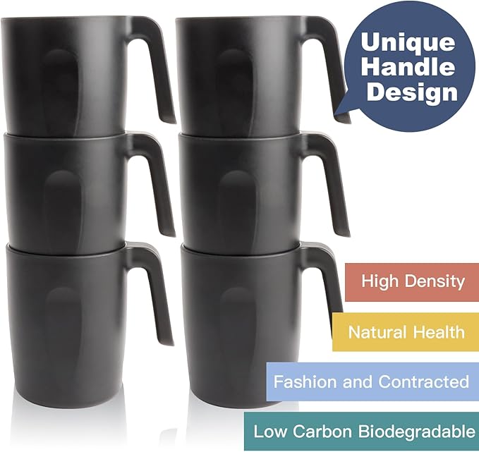 Homienly Wheat Straw Coffee Mugs 6 PCS, Alternative to Plastic Mugs with Handles, Unbreakable Coffee Mugs, Reusable Camping Mug Drinking Cups Set, Microwave and Dishwasher Safe Cups for Kitchen(Black)
