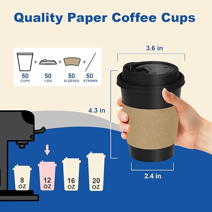 20 oz 50 Pack Coffee Cups with Lids and Sleeves, Straws, Hot Disposable To Go Travel Paper Cups Bulk for Office, Home Coffee Bar Accessories, Chocolate, Cocoa, Beverage (Black)