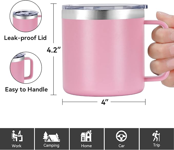 VEGOND 14 oz Insulated Coffee Mug with Handle, Stainless Steel Travel Coffee Mug with Lid, Double Wall Vacuum Metal Coffee Cup, Coffee Tumbler Powder Coated, Pink 1 Pack