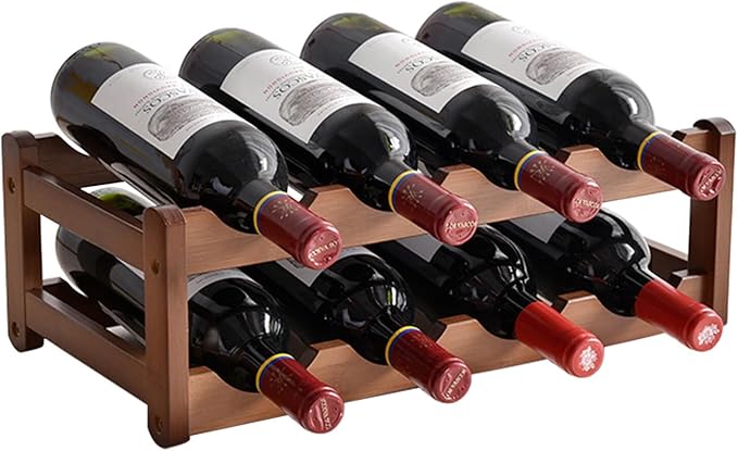 Wine Rack Countertop, 8 Bottle Wine Racks for Wine Bottles Storage Display, 2 Tier Wooden Wine Rack Free Standing Floor