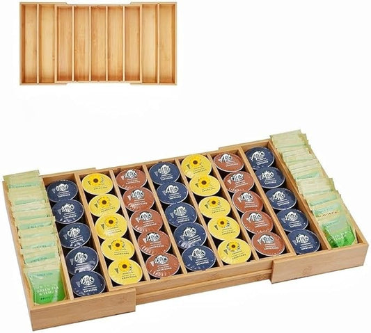 K Cup Holder Bamboo Coffee Pod Holder Drawer Organizer, Expandable K Cup Pod Storage Tea Bag Storage for Coffee Station Home Office and Kitchen