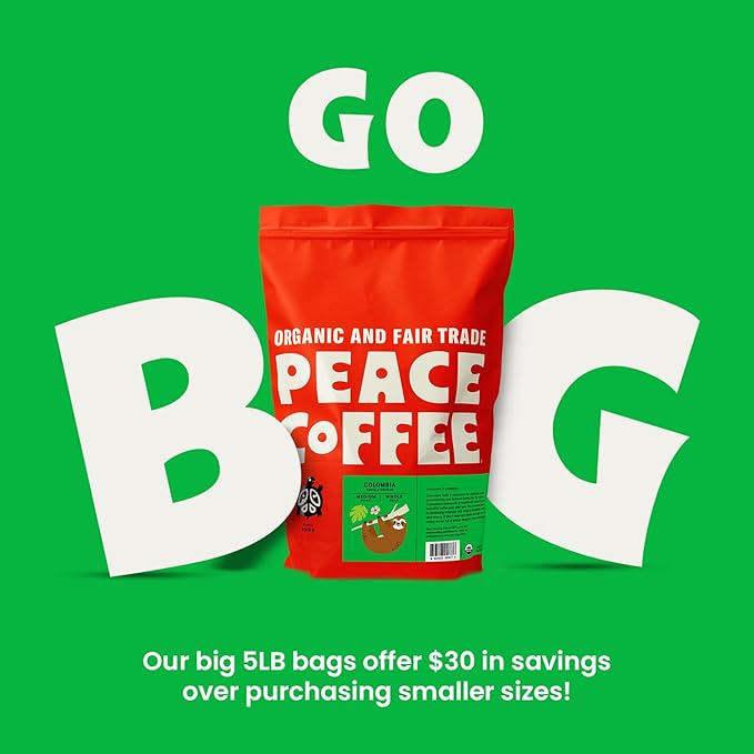 Peace Coffee Colombia Single Origin Coffee | 5 lb Ground Medium Roast | Organic Fair Trade | Smooth, Crisp Flavor | Shade Grown, Fresh Roasted