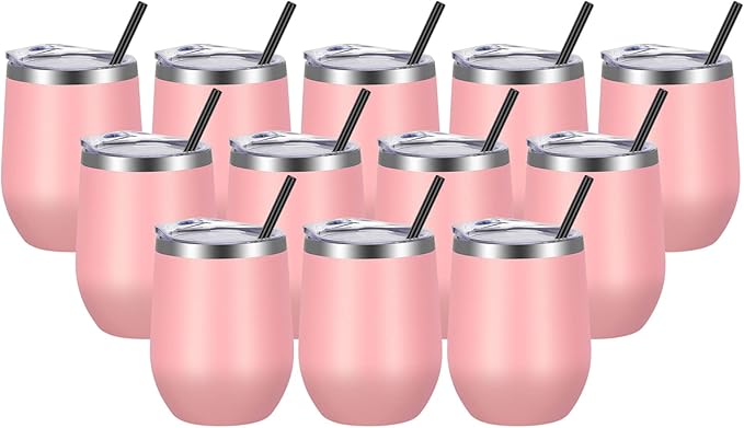 VEGOND Wine Tumblers Bulk 12 Pack, 12oz Stainless Steel Stemless Wine Glass with Lids and Straws, Double Wall Vacuum Insulated Tumbler Cup, Coffee Mug for Cold Hot Drinks