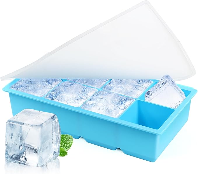8 Grids Large Ice Cube Trays - Silicone Ice Cube Tray with Lid, Silicone Large Ice Cube Trays Easy Release, Silicone Ice Cube Molds Big Square Ice Maker Tray BPA Free for Cocktail, Whiskey, Coffee