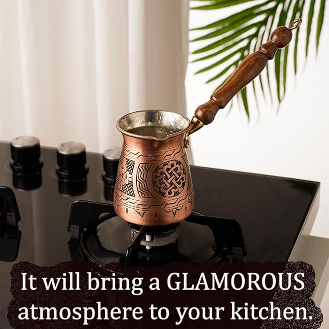 Handmade Hammered Copper Turkish Arabic Moroccan Persian Coffee Chocolate Pot Maker Ibrik Cezve Warmer for Stovetop Stove Top Indian Greek Style Traditional Antique Vintage Fancy Kitchen Decor Pot