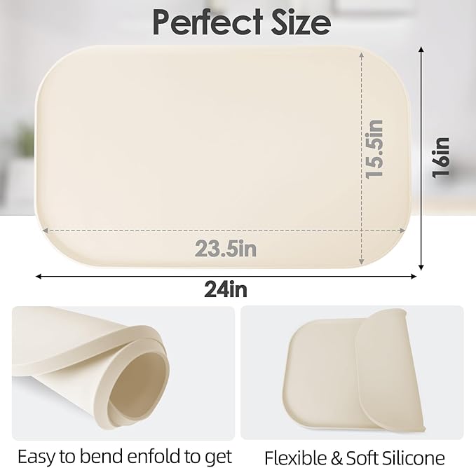 Silicone Coffee Maker Mat with Lip, 24'' x 16'' Heavy Duty Coffee Maker Mat for Countertops, Coffee Tray Fit Under Coffee Machine Appliance Automatic Machines Espresso Accessory, Beige