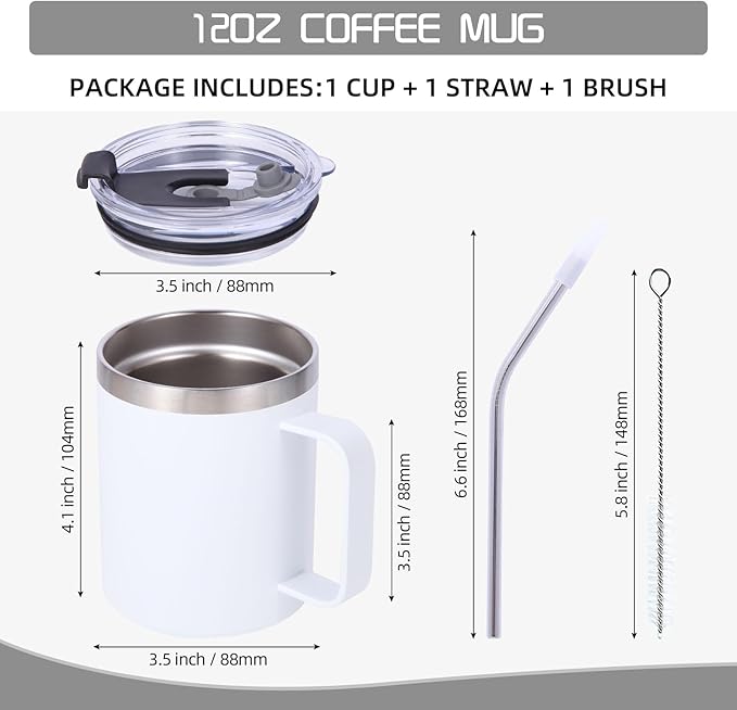 Volhoply 12oz Insulated Leakproof Coffee Mug with Flip & Straw Lid,Double Wall Vacuum Stainless Steel Travel Cafe Tumbler Cup with Handle,Reusable Camping Mugs Keep Cold/Hot(White,1 Set)