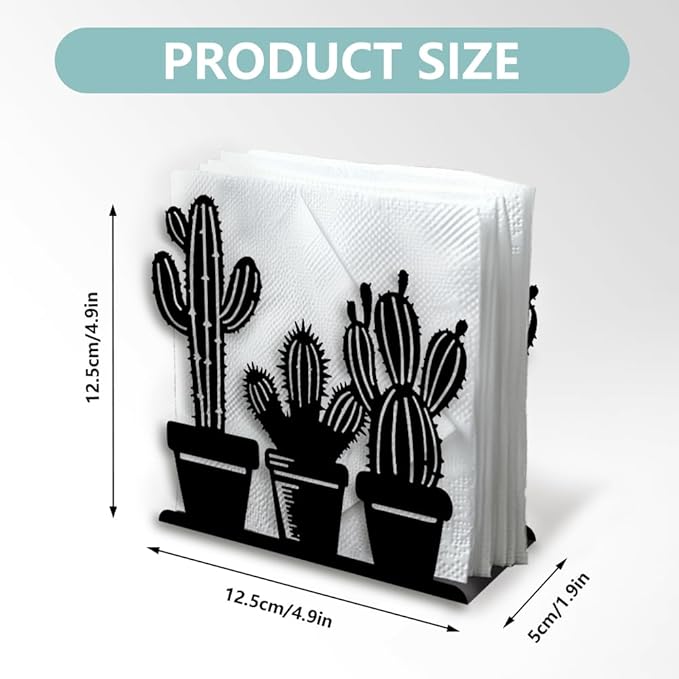 Cactus Decorative Black Metal Napkin Holder for Table, 4.9" x 4.9" x 1.9" Standing Napkin Holder for Home Kitchen Restaurant Picnic Party Coffee Bar Dining Room