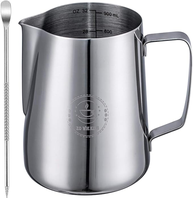 Milk Frothing Pitcher 32oz,Espresso Steaming Pitchers 900ml,Espresso Machine Accessories,Milk Frother Cup 32 Oz,Coffee Cappuccino Latte Art,Stainless Steel Jug