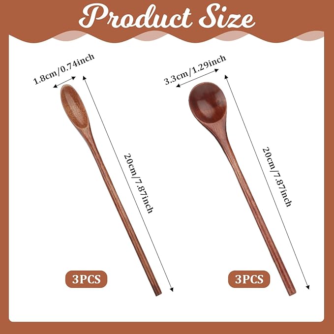6 Pcs Wooden Coffee Spoons, Long Handle Wooden Teaspoon, Stirring Teaspoon, Long Handle Mixing Wooden Spoon for Stirring Coffee, Tea, Honey, Tasting Spoon Set for Kitchen Stirring