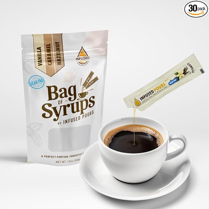 Single Serving Syrup Packets, Sugar Free Variety Pack, for Coffee and Cocktails - Flavors (10 Each): Vanilla, Caramel, Hazelnut - 6mL Each, 30 Count - Bag of Syrups by Infused Pours